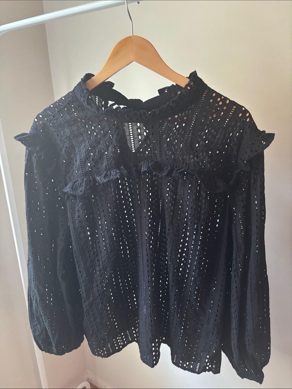 Madewell Black Eyelet Lace Ruffle-Trim Blouse